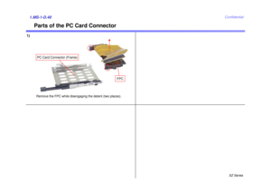 Page 44SZ Series
Confidential
Parts of the PC Card Connector
1.MS-1-D.401)
Remove the FPC while disengaging the detent (two places).
FPC
PC Card Connector (Frame) 