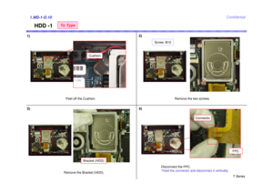 Page 10T Series
Confidential
HDD -1
1)2)1.MS-1-D.10
Remove the two screws.
Screw: B10
3)
Remove the Bracket (HDD).
Bracket (HDD)
4)
Disconnect the FPC.
*Hold the connector and disconnect it vertically.
FPC
Connector
Peel off the Cushion.
Cushion
To Type 