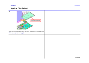 Page 12TX Series
Confidential
Optical Disc Drive-2
5)1.MS-1-D.9Raise the front side of the Optical Disc Drive, and remove it toward the front. 
* The convex portion is engaged.
Optical Disc Drive
Convex Portion 