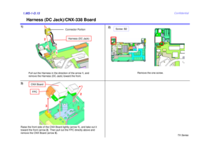 Page 18TX Series
Confidential
Harness (DC Jack)/CNX-338 Board
1)2)1.MS-1-D.153)
Pull out the Harness in the direction of the arrow 1, and 
remove the Harness (DC Jack) toward the front. Remove the one screw.
Raise the front side of the CNX Board lightly (arrow  1), and take out it 
toward the front (arrow  2). Then pull out the FPC directly above and 
remove the CNX Board (arrow  3).
1
Harness (DC Jack)
Connector Portion
2
Screw: B2
1
3 2
CNX BoardFPC 