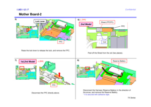 Page 20TX Series
Confidential
Mother Board-2
5)1.MS-1-D.177) 8)
Disconnect the Harness (Reserve Battery) in the direction of 
the arrow, and remove the Reserve Battery.
* It is secured with adhesive tape.
Reserve Battery
Disconnect the FPC directly above.
FPC
6)
Raise the lock lever to release the lock, and remove the FPC.
Lock Lever
12
FPC
2nd Model
Sheet (FPCPC)
Coil
5[MA]
Peel off the Sheet from the coil (two places).
FPC
1st,2nd Model
10
[MA] 