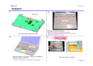 Page 3TX Series
Confidential
Keyboard-1
1)2)1.MS-1-D.33)
Disengage the detent (four places). 
* Raising the Keyboard, disengage the detents. 
* Detents are located between the [Esc and F1], [F4 and F5], 
[Insert and Delete], and F12 Key.
Slide the Keyboard in the direction of the arrow to release the 
detent (four places) on the front. 
* The FPC is connected on the backside of the Keyboard.
Screw: B14
Remove the eight screws on the bottom.
Keyboard
Keyboard
Cushion (GM)
Peel off the Cushion (one place).
4)...