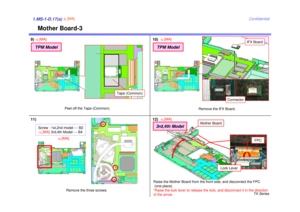 Page 21TX Series
Confidential
Mother Board-3
1.MS-1-D.17(a)
5[MA]
Remove the three screws.
9)
Peel off the Tape (Common).
Tape (Common)
TPM Model10
[MA]
10)
Remove the IFX Board.
IFX Board
TPM Model
10
[MA]
Connector
Mother Board
FPC
Lock Lever
Raise the Mother Board from the front side, and disconnect the FPC (one place). 
*Raise the lock lever to release the lock, and disconnect it in the direction 
of the arrow. 1 2
11)
Screw : 1st,2nd model --- B2
3rd,4th Model --- B410
[MA]
16
[MA]
12)
10
[MA]
3rd,4th Model 