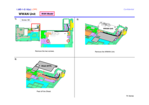 Page 24TX Series
Confidential
WWAN Unit
1)2)1.MS-1-D.18(a)3)
Remove the two screws.
Remove the WWAN Unit.
Peel off the Sheet.
Screw: B3
WAN Model
WWAN Unit
Sheet (BTR)
2[MA] 