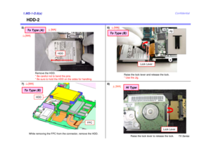 Page 8TX Series
Confidential
HDD-2
1.MS-1-D.6(a)
Lock Lever
Raise the lock lever to release the lock.
Hi Type
5[MA]
8)
7)
FPC
HDD
While removing the FPC from the connector, remove the HDD.
To Type (B)16
[MA]
6)
Lock Lever
Raise the lock lever and release the lock. 
* Use the Jig.
To Type (B)
Jig
16
[MA]
Remove the HDD.
* Be careful not to bend the pins. 
* Be sure to hold the HDD on the sides for handling.
HDD
5)
To Type (A)
5[MA]
16
[MA] 