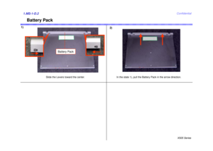 Page 2X505 SeriesConfidential
Battery Pack
Slide the Levers toward the center.
In the state 1), pull the Battery Pack in the arrow direction.
Battery Pack
1)
2)
1.MS-1-D.2 