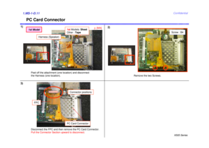 Page 11X505 SeriesConfidential
PC Card Connector
Remove the two Screws.
Screw : B4
Disconnect the FPC and then remove the PC Card Connector.
Pull the Connector Section upward to disconnect.
1)2)
Peel off the attachment (one location) and disconnect 
the Harness (one location).
3)
PC Card Connector
Connector positions
1.MS-1-D.11
FPC
Harness (Speaker)
1stModels:  Sheet
Other :  Tape
2[MA]
1st Model 