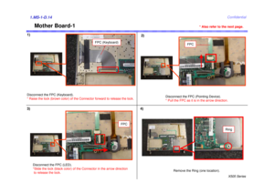Page 14X505 SeriesConfidential
Disconnect the FPC (Keyboard).
* Raise the lock (brown color) of the Connector forward to release the lock.
Mother Board-1
Disconnect the FPC (Pointing Device).
* Pull the FPC as it is in the arrow direction.
Disconnect the FPC (LED).
*Slide the lock (black color) of the Connector in the arrow direction  to release the lock.
Ring
Remove the Ring (one location).
1) 2)
3) 4)
* Also refer to the next page.
1.MS-1-D.14
FPC (Keyboard)
FPC
FPC 