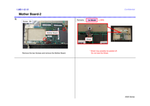 Page 15X505 SeriesConfidential
Mother Board-2
Remove the two Screws and remove the Mother Board.
Mother Board
Screw : B4
5)
Remarks
Sheet* Sheet may possibly be peeled off.Do not lose the Sheet.
1.MS-1-D.15
1st Model
2[MA] 