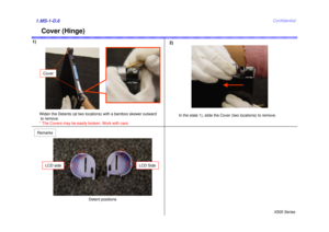 Page 6X505 SeriesConfidential
Cover (Hinge)Widen the Detents (at two locations) with a bamboo skewer outwardto remove.
* The Covers may be easily broken. Work with care. In the state 1), slide the Cover (two locations) to remove.
Detent positions
Cover
Remarks
LCD Side
LCD side
1)
2)1.MS-1-D.6 