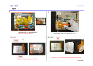 Page 10X505 SeriesConfidential
Disconnect the FPC (at two locations).
* Pull it upward to disconnect.
HDD
Pull the HDD in the arrow direction to remove.
Remark 1
FPC
Cushion
Sheet
Gasket
The above parts are installed on the HDD.* Be careful not to bend the Pin when disconnecting the FPC.
FPC
Remark 2
1)
2)1.MS-1-D.10
FPC 