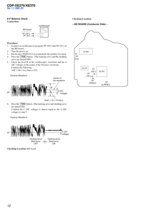 Page 1212
CDP-XE270/XE370Ver 1.1 2001.07
E-F Balance Check
Connection:
Procedure:
1. Connect an oscilloscpe to test point TP (TE1) and TP (VC) on
the BD board.
2. Turn the power on.
3. Put the disc (PATD-012) in to playback the number two track.
4. Press the 
[TIME] button.  (The tracking servo and the sledding
servo are turned OFF)
5. Check the level B of the oscilliscopes waveform and the A
(DC voltage) of the center of the Traverse waveform.
Confirm the following :
A/B x 100 = less than ± 22%
Traverse...