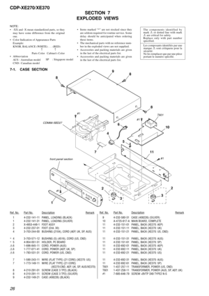 Page 2626
CDP-XE270/XE370
7-1. CASE  SECTION
SECTION  7
EXPLODED  VIEWS
• Items marked “*” are not stocked since they
are seldom required for routine service. Some
delay should be anticipated when ordering
these items.
• The mechanical parts with no reference num-
ber in the exploded views are not supplied.
• Accessories and packing materials are given
in the last of the electrical parts list.
• Accessories and packing materials are given
in the last of the electrical parts list. NOTE:
• -XX and -X mean...