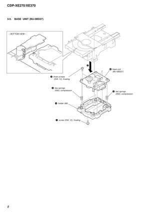 Page 88
CDP-XE270/XE370
3-5. BASE  UNIT (BU-5BD27)
1screw (DIA. 12), froating
3three screws
 (DIA. 12), froating
4holder (66)
2
– BOTTOM VIEW –
5two springs 
(932), compression
5two springs 
(932), compression
6base unit
(BU-5BD27) 