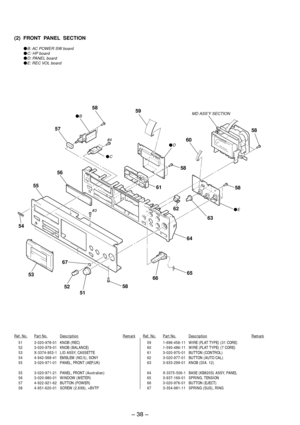 Page 26Ð 38 Ð
Ref. No.Part No.DescriptionRemarkRef. No.Part No.DescriptionRemark
51 3-020-978-01 KNOB (REC)
52 3-020-979-01 KNOB (BALANCE)
53 X-3374-953-1 LID ASSY, CASSETTE
54 4-942-568-41 EMBLEM (NO.5), SONY
55 3-020-971-01 PANEL, FRONT (AEP,UK)
55 3-020-971-21 PANEL, FRONT (Australian)
56 3-020-980-01 WINDOW (METER)
57 4-922-921-62 BUTTON (POWER)
58 4-951-620-01 SCREW (2.6X8), +BVTP59 1-696-456-11 WIRE (FLAT TYPE) (31 CORE)
60 1-590-486-11 WIRE (FLAT TYPE) (7 CORE)
61 3-020-975-01 BUTTON (CONTROL)
62...