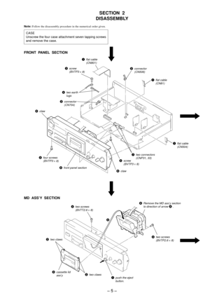 Page 5Ð 5 Ð
FRONT  PANEL  SECTION
MD  ASSÕY  SECTION
Note: Follow the disassembly procedure in the numerical order given.
SECTION  2
DISASSEMBLY
CASE
Unscrew the four case attachment seven tapping screws
and remove the case.
1flat cable
(CN801)
3screw
(BVTP3 ´ 8)
5four screws
(BVTP3 ´ 8)
7two connectors
(CNP31, 33)
5screw
(BVTP3 ´ 8)
6claw
6claw
1flat cable(CN504)
4two earth
lugs
2connector
(CN704)
1flat cable
(CN81)
2connector
(CN506)
8front panel section
4two screws
(BVTT2.6 ´ 8)
6Remove the MD ass’y...