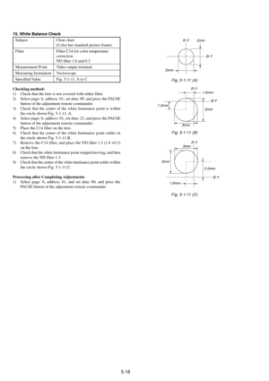 Page 1215-18
15. White Balance Check
Subject Clear chart
(Color bar standard picture frame)
Filter Filter C14 for color temperature
correction
ND filter 1.0 and 0.3
Measurement Point Video output terminal
Measuring Instrument Vectorscope
Specified Value Fig. 5-1-11. A to C
Checking method:
1) Check that the lens is not covered with either filter.
2) Select page: 6, address: 01, set data: 0F, and press the PAUSE
button of the adjustment remote commander.
3) Check that the center of the white luminance point is...