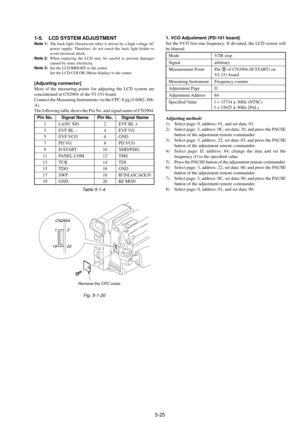 Page 1285-25 1-5. LCD SYSTEM ADJUSTMENT
Note 1:The back light (fluorescent tube) is driven by a high voltage AC
power supply. Therefore, do not touch the back light holder to
avoid electrical shock.
Note 2:When replacing the LCD unit, be careful to prevent damages
caused by static electricity.
Note 3:Set the LCD BRIGHT to the center.
Set the LCD COLOR (Menu display) to the center.
[Adjusting connector]
Most of the measuring points for adjusting the LCD system are
concentrated in CN2904 of the VI-151 board....