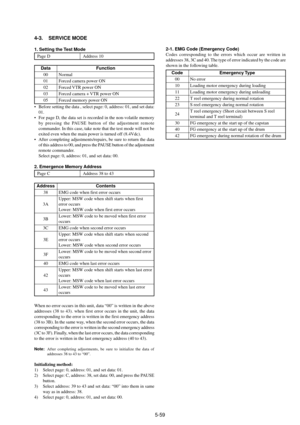 Page 1625-59 4-3. SERVICE MODE
1. Setting the Test Mode
Page D Address 10
¥ Before setting the data , select page: 0, address: 01, and set data:
01.
¥ For page D, the data set is recorded in the non-volatile memory
by pressing the PAUSE button of the adjustment remote
commander. In this case, take note that the test mode will not be
exited even when the main power is turned off (8.4Vdc).
¥ After completing adjustments/repairs, be sure to return the data
of this address to 00, and press the PAUSE button of the...