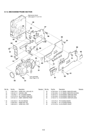 Page 1676-2 6-1-2. MECHANISM FRAME SECTION
Ref. No.Part No.DescriptionRemarksRef. No.Part No.DescriptionRemarks
51 3-968-729-51 SCREW (M2), LOCK ACE, P2
52 3-052-621-01 CUSHION, LENS
53 1-670-982-11 FP-14 FLEXIBLE BOARD
54 A-7073-675-A SE-75 BOARD, COMPLETE
55 3-975-921-01 SHEET, VIBRATION PROOF
*56 3-052-802-01 PIN, MD GROUND
57 X-3948-939-1 FRAME ASSY, MD
58 3-988-464-01 SCREW (M2), STEP59 A-7094-030-A VI-151 BOARD, COMPLETE (890E)
59 A-7094-068-A VI-151 BOARD, COMPLETE (900/900E)
60 A-7094-031-A VC-208 BOARD,...