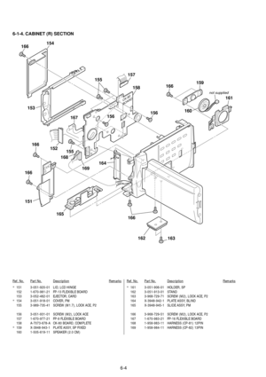 Page 1696-4 6-1-4. CABINET (R) SECTION
Ref. No.Part No.DescriptionRemarksRef. No.Part No.DescriptionRemarks
*151 3-051-920-01 LID, LCD HINGE
152 1-670-981-21 FP-13 FLEXIBLE BOARD
153 3-052-482-01 EJECTOR, CARD
*154 3-051-918-01 COVER, PM
155 3-989-735-41 SCREW (M1.7), LOCK ACE, P2
156 3-051-931-01 SCREW (M2), LOCK ACE
157 1-670-977-21 FP-9 FLEXIBLE BOARD
158 A-7073-678-A CK-80 BOARD, COMPLETE
*159 X-3948-943-1 PLATE ASSY, SP FIXED
160 1-505-619-11 SPEAKER (2.0 CM)*161 3-051-906-01 HOLDER, SP
162 3-051-913-01...