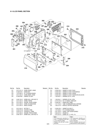 Page 1706-5
Ref. No.Part No.DescriptionRemarksRef. No.Part No.DescriptionRemarks
201 3-051-921-01 COVER (FRONT), HINGE
202 X-3948-944-1 HINGE ASSY
203 1-670-983-21 FP-16 FLEXIBLE BOARD
204 3-051-922-01 COVER (REAR), HINGE
205 X-3948-998-1 CABINET (R) ASSY
206 3-968-729-51 SCREW (M2), LOCK ACE, P2
207 3-051-840-01 SCREW, TRIPOD
208 3-051-842-01 HOLDER, TRIPOD SCREW
209 3-051-839-01 COVER, SS MODE KNOB
210 3-051-835-01 KNOB, SS MODE
211 3-051-834-01 BUTTON, R
212 3-959-978-02 CUSHION, PANEL
213 3-052-521-01...