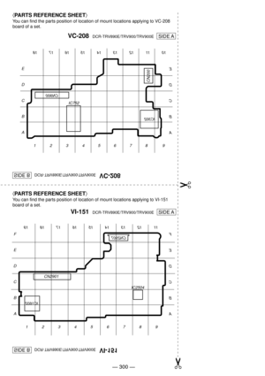 Page 201

áPARTS REFERENCE SHEETñ
You can find the parts position of location of mount locations applying to VC-208
board of a set.
Ñ 300 Ñ
VC-208  DCR-TRV890E/TRV900/TRV900E    SIDE A
SIDE B    DCR-TRV890E/TRV900/TRV900E  VC-208
VI-151  DCR-TRV890E/TRV900/TRV900E    SIDE A
SIDE B    DCR-TRV890E/TRV900/TRV900E  VI-151
áPARTS REFERENCE SHEETñ
You can find the parts position of location of mount locations applying to VI-151
board of a set.
12 43 5678 9 A B C D E
10 11 1312 14 15 16 17 18
A B C D E
CN200
CN900...