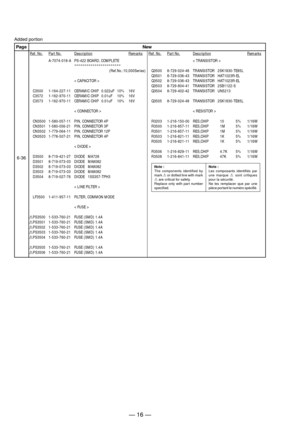 Page 211Added portion
Page
6-36New
Note :
The components identified by
mark ! or dotted line with mark
! are critical for safety.
Replace only with part number
specified.Note :
Les composants identifiŽs par
une marque ! sont critiques
pour la sŽcuritŽ.
Ne les remplacer que par une
 tant le numŽro spŽcifiŽ.
< TRANSISTOR >
Q3500 8-729-024-48 TRANSISTOR   2SK1830-TE85L
Q3501 8-729-036-43 TRANSISTOR   HAT1023R-EL
Q3502 8-729-036-43 TRANSISTOR   HAT1023R-EL
Q3503 8-729-804-41 TRANSISTOR   2SB1122-S
Q3504 8-729-402-42...