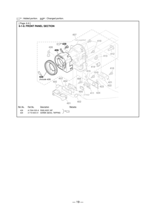Page 214Ñ 19 Ñ
[ Page: 6-9 ]
6-1-9. FRONT PANEL SECTION
 : Added portion.     : Changed portion.
428 A-7094-505-A RING ASSY, MF
429 3-719-845-01 SCREW (B2X4), TAPPING
Ref. No.Part No.DescriptionRemarks
407
410
409 408
413
414
410
421
422
423
424
411
D7402
401402 402403
404
405 406415
410412
429
428
(Include 429)
not supplied 