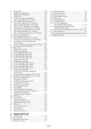 Page 5Ñ 5 Ñ
6. D Page Table .................................................................. 5-36
7. Initializing the B Page Data ........................................... 5-38
8. Modification of B Page Data ......................................... 5-38
9. B Page Table .................................................................. 5-38
3-3. System Control System Adjustment .............................. 5-41
1. Battery End Adjustment (VI-151 Board) ...................... 5-41
3-4. Servo and RF System...