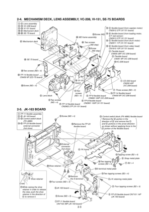 Page 572-3
2-4. MECHANISM DECK, LENS ASSEMBLY, VC-208, VI-151, SE-75 BOARDS
2-5. JK-163 BOARD
a
b
c
d
VC-208
BOARD
VI-151
BOARD
SE-75
BOARD
@¤ MD frame assembly
1-5 Lens assembly6-!¼ VC-208 board!Á-!¥ VI-151 board!»-@Á Mechanism deck@ª-@° SE-75 board
@° SE-75 board
@¢Two screws (M2 ´ 4)
2Two screws
    (M2 ´ 4)
!ÁTw o
  screws
(M2 
´ 4)
7 Three screws (M2 ´ 3)
!ªScrew (M2)
1 CD-202 board
     CN200 40P 
     (VC-208 board)
!¼VC-208 board
3 Flexible board 
    CN351 8P (VC-208 board)
!¦ FP-12 flexible board...