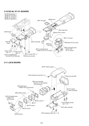 Page 602-6
1-4 ED-48 board5-8 EVF assembly9-!£ VF-121 board!¢-!¦ VF slide base
1Four screws
    (M2 ´ 3)
5Four screws (M2 ´ 4)
8EVF assembly
!ªRelease
    the craw.
7Two screws
    (M2 ´ 4)
6Slider ground plate2FP-17 flexible board
   CN7000 6P (ED-48 board)
4Edit button
!¤VF click plate
9FP-10 flexible board
   CN5001 21P (VF-121 board)!¼FP-20 flexible board
   CN5101 30P
   (VF-121 board)
!°Slide here.
!¦VF slide base
!ÁRelease the two craws.
!¢Peel off the cushion.
3ED-48
    board
!£VF-121 board
a
8FP-20...