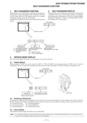 Page 7Ñ 7 Ñ
DCR-TRV890E/TRV900/TRV900E
SELF-DIAGNOSIS FUNCTION
1. SELF-DIAGNOSIS FUNCTION
When problems occur while the unit is operating, the self-diagnosis
function starts working, and displays on the viewfinder, LCD screen
or LCD window what to do. This function consists of two display;
self-diagnosis display and service mode display.
Details of the self-diagnosis functions are provided in the Instruction
manual.
Note:The Òself-diagnosis displayÓ data will be backed up by the coin-type lithium battery of...