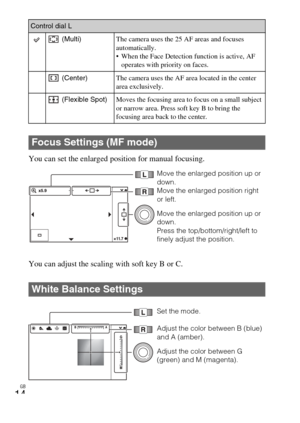 Page 14GB
14
You can set the enlarged position for manual focusing.
You can adjust the scaling with soft key B or C.
Control dial L (Multi) The camera uses the 25 AF areas and focuses 
automatically.
• When the Face Detection function is active, AF 
operates with priority on faces.
 (Center) The camera uses the AF area located in the center 
area exclusively.
 (Flexible Spot) Moves the focusing area to focus on a small subject 
or narrow area. Press soft key B to bring the 
focusing area back to the center....