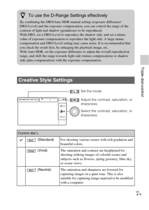 Page 17GB
17
Triple-dial-control
Creative Style Settings
Control dial L (Standard) For shooting various scenes with rich gradation and 
beautiful colors.
 (Vivid) The saturation and contrast are heightened for 
shooting striking images of colorful scenes and 
subjects such as flowers, spring greenery, blue sky, 
or ocean views.
 (Neutral) The saturation and sharpness are lowered for 
capturing images in a quiet tone. This is also 
suitable for capturing image material to be modified 
with a computer.
zTo use...