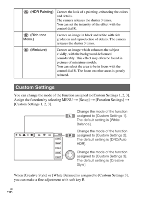 Page 20GB
20
You can change the mode of the function assigned to [Custom Settings 1, 2, 3].
Assign the function by selecting MENU t [Setup]  t [Function Settings] t  
[Custom Settings 1, 2, 3].
When [Creative Style] or [White Balance] is assigned to [Custom Settings 3], 
you can make a fine adjustment with soft key B.
 (HDR Painting) Creates the look of a painting, enhancing the colors 
and details.
The camera releases the shutter 3 times.
You can set the intensity of the effect with the 
control dial R....