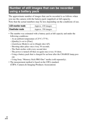Page 48GB
48
The approximate number of images that can be recorded is as follows when
you use the camera with the battery pack (supplied) at full capacity.
Note that the actual numbers may be less depending on the conditions of use.
 The number was estimated with a battery pack at full capacity and under the following conditions:
– At an ambient temperature of 25°C (77°F).
– [Quality] is set to [Fine].
– [Autofocus Mode] is set to [Single-shot AF].
– Shooting takes place once every 30 seconds.
– The flash...