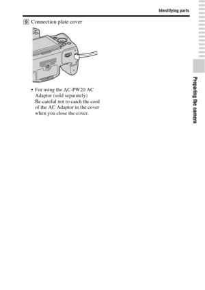 Page 1515
Identifying parts
Preparing the camera
IConnection plate cover
 For using the AC-PW20 AC 
Adaptor (sold separately) 
Be careful not to catch the cord 
of the AC Adaptor in the cover 
when you close the cover. 