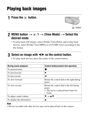 Page 3232
Playing back images
Note Movies recorded with other devices may not be played back on this camera.
1Press the   button.
 button
2MENU button t  1 t [View Mode] t Select the 
desired mode
 To play back still images, select [Folder View(Still)], and to play back 
movies, select [Folder View(MP4)] or [AVCHD View] according to the 
file format.
3Select an image with b/B on the control button.
 To play back movies, press the center of the control button.
During movie playback Control button/control dial...