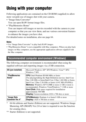 Page 6262
Viewing images on a computer
Using with your computer
Following applications are contained on the CD-ROM (supplied) to allow 
more versatile use of images shot with your camera.
 “Image Data Converter”
You can open RAW format image files.
 “PlayMemories Home”
You can import still images or movies recorded with the camera to your 
computer so that you can view them, and use various convenient features 
to enhance the images you have shot.
For detailed notes on installation, also see page 64.
Notes Use...