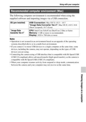 Page 6363
Using with your computer
Viewing images on a computer
The following computer environment is recommended when using the 
supplied software and importing images via a USB connection.
Notes Operation is not assured in an environment based on an upgrade of the operating 
systems described above or in a multi-boot environment.
 If you connect 2 or more USB devices to a single computer at the same time, some 
devices, including the camera, may not operate, depending on the types of USB 
devices you are...