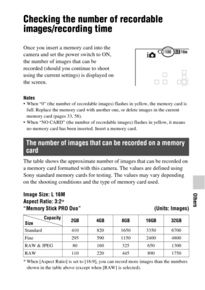 Page 7575
Others
Checking the number of recordable 
images/recording time
Notes When “0” (the number of recordable images) flashes in yellow, the memory card is 
full. Replace the memory card with another one, or delete images in the current 
memory card (pages 33, 58).
 When “NO CARD” (the number of recordable images) flashes in yellow, it means 
no memory card has been inserted. Insert a memory card.
The table shows the approximate number of images that can be recorded on 
a memory card formatted with this...