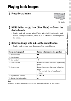 Page 3333
Shooting and viewing images
Playing back images
Note Movies recorded with other devices may not be played back on this camera.
1Press the   button.
 button
2MENU button t  1 t [View Mode] t Select the 
desired mode
 To play back still images, select [Folder View(Still)], and to play back 
movies, select [Folder View(MP4)] or [AVCHD View] according to the 
file format.
3Select an image with b/B on the control button.
 To play back movies, press the center of the control button.
During movie playback...