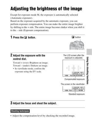 Page 4343
Using the shooting functions
Adjusting the brightness of the image
Except for exposure mode M, the exposure is automatically selected 
(Automatic exposure).
Based on the exposure acquired by the automatic exposure, you can 
perform exposure compensation. You can make the entire image brighter 
by shifting to the + side. The entire image becomes darker when you shift it 
to the – side (Exposure compensation).
 Adjust the compensation level by checking the recorded image.
1Press the   button. button...