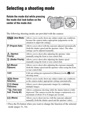 Page 6868
Selecting a shooting mode
Selecting a shooting mode
The following shooting modes are provided with the camera:
 Press the Fn button when you want to change the function of the selected 
mode (pages 31, 34).
Rotate the mode dial while pressing 
the mode dial lock button on the 
center of the mode dial.
 (Auto Mode)Allows you to easily shoot any subject under any conditions 
because the camera makes appropriate judgements on the 
situation to adjust the settings.
 (Program Auto)Allows you to shoot with...