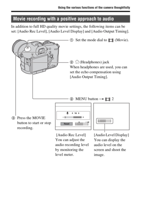 Page 7272
Using the various functions of the camera thoughtfully
In addition to full HD quality movie settings, the following items can be 
set: [Audio Rec Level], [Audio Level Display] and [Audio Output Timing]. 
Movie recording with a positive approach to audio
1Set the mode dial to   (Movie).
2i (Headphones) jack
When headphones are used, you can 
set the echo compensation using 
[Audio Output Timing].
2MENU button t  2
 [Audio Rec Level]
You can adjust the 
audio recording level 
by monitoring the 
level...