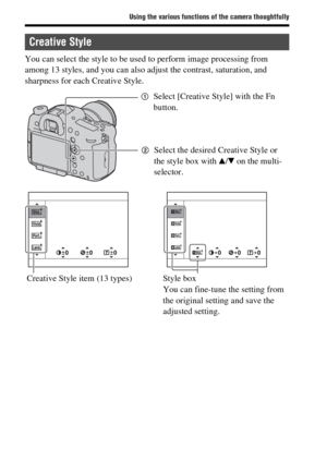 Page 7474
Using the various functions of the camera thoughtfully
You can select the style to be used to perform image processing from 
among 13 styles, and you can also adjust the contrast, saturation, and 
sharpness for each Creative Style.
Creative Style
1Select [Creative Style] with the Fn 
button.
2Select the desired Creative Style or 
the style box with v/V on the multi-
selector.
Creative Style item (13 types) Style box
You can fine-tune the setting from 
the original setting and save the 
adjusted setting. 