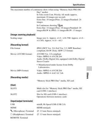 Page 8989
Specifications
Others
The maximum number of continuous shots (when using “Memory Stick PRO-HG 
Duo” media)
In Tele-zoom Cont. Priority AE mode (approx. 
maximum 10 images per second)
Extra fine: 18 images/Fine: 22 images/Standard: 24 
images
In Continuous shooting 
Extra fine: 14 images/Fine: 18 images/Standard: 20 
images/RAW & JPEG: 11 images/RAW: 13 images
[Image zooming playback]
Scaling  range Image size: L: Approx. ×1.0 – ×16.7/M: Approx. ×1.0 – 
×11.8/S: Approx. ×1.0 – ×8.3
[Recording format]...