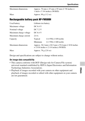 Page 9191
Specifications
Others
Maximum dimensions Approx. 70 mm × 25 mm × 95 mm (2 7/8 inches × 
1 inch × 3 3/4 inches) (W/H/D)
Mass Approx. 90 g (3.2 oz)
Rechargeable battery pack NP-FM500H
Used battery Lithium-ion battery
Maximum voltage DC 8.4 V
Nominal voltage DC 7.2 V
Maximum charge voltage DC 8.4 V
Maximum charge current 2.0 A
Capacity Typical 11.8 Wh (1 650 mAh)
Minimum 11.5 Wh (1 600 mAh)
Maximum dimensions Approx. 38.2 mm × 20.5 mm × 55.6 mm (1 9/16 inches 
× 13/16 inches × 2 1/4 inches) (W/H/D)
Mass...