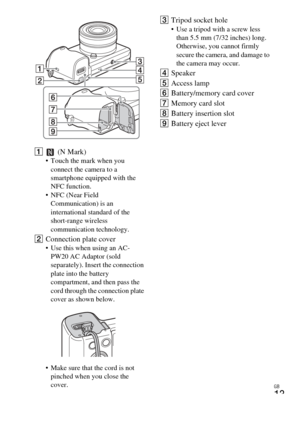 Page 13
GB
13
A (N Mark) Touch the mark when you 
connect the camera to a 
smartphone equipped with the 
NFC function.
 NFC (Near Field  Communication) is an 
international standard of the 
short-range wireless 
communication technology.
B Connection plate cover Use this when using an AC-
PW20 AC Adaptor (sold 
separately). Insert the connection 
plate into the battery 
compartment, and then pass the 
cord through the connection plate 
cover as shown below.
 Make sure that the cord is not  pinched when you...